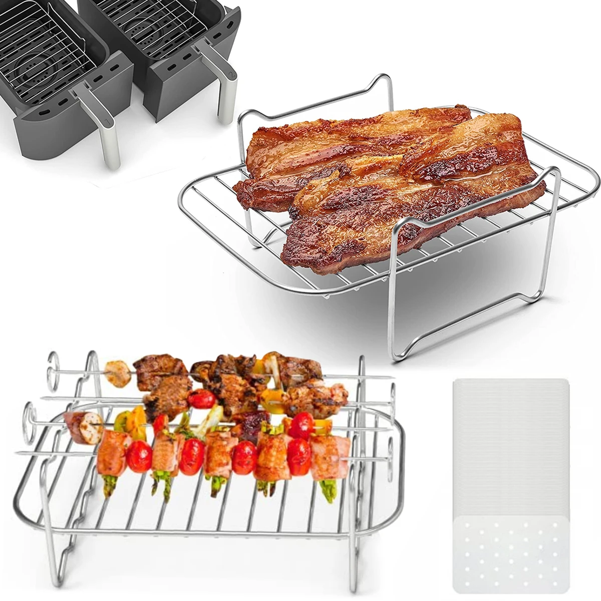 Double Basket Air Fryer Rack Stainless Steel Air Fryer Accessories with BBQ Sticks&Paper Compatible for Ninja Foodi DZ201/401