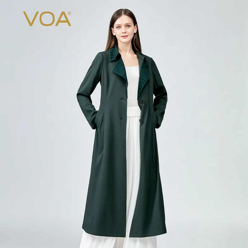 VOA Office Darkgreen Folds Turn-down Collar Silk Women Fashion Trench Coat Long Sleeve Jacket Skirt Windbreaker Spring New FE217