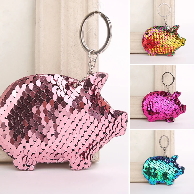 Брелок для ключей в виде симпатичной свиньи животного блестящий помпон блестки