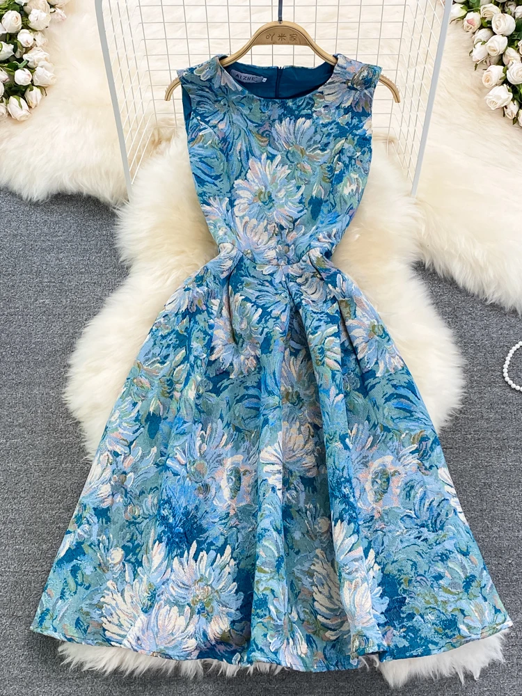 

Hikigawa Chic Fashion Woman Dress Vintage Painting Jacquard O Neck Sleeveless Slim Fit Dresses For Women Elegant Vestidos Mujer