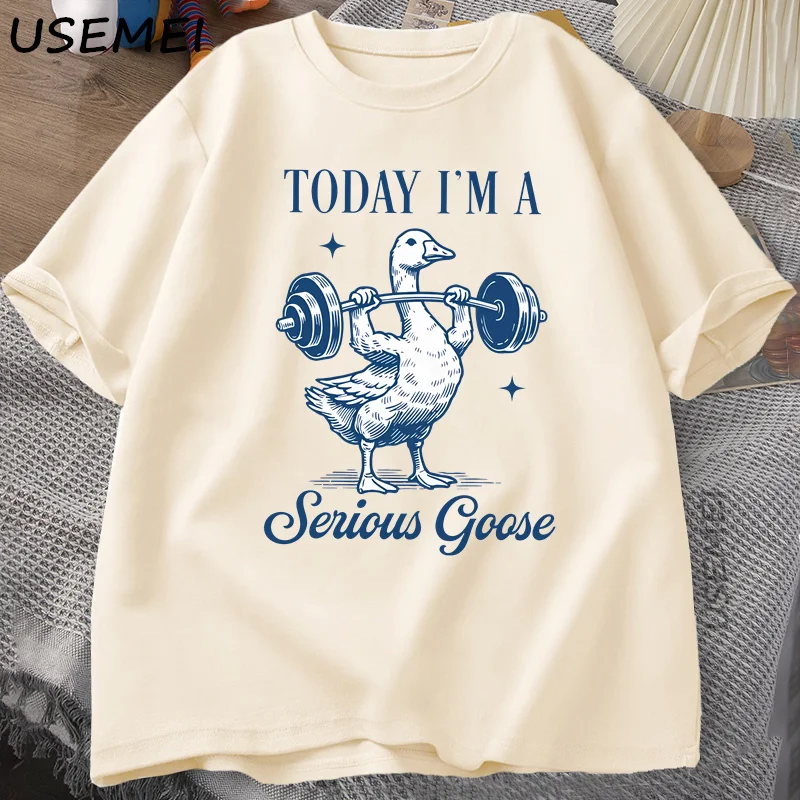 Фото Футболка для тяжелой атлетики «Serious Goose», забавная футболка с принтом для тренировок в тренажерном зале, футболка для любителей животных, хлопковые футболки с короткими рукавами в стиле Харадзюку №1