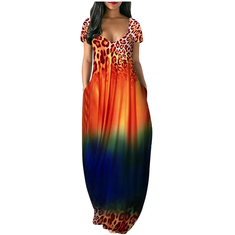 

Женское платье-макси с коротким рукавом, V-образным вырезом и карманами