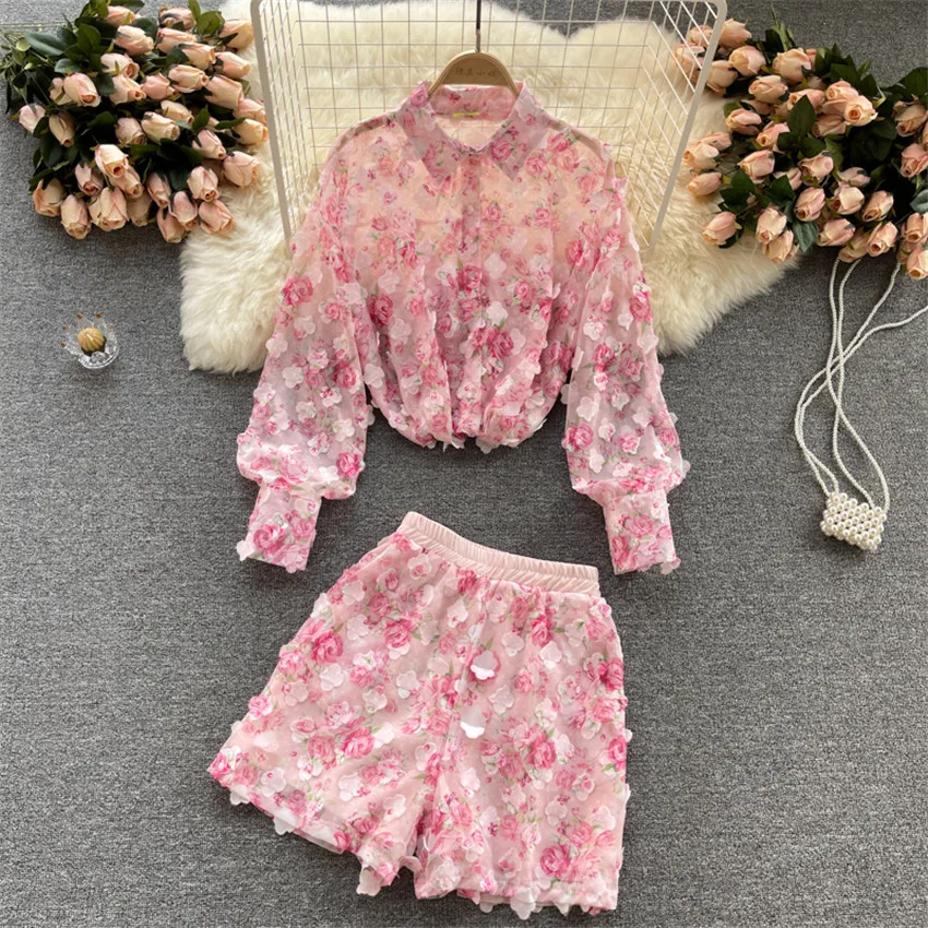 

2022 New Spring Two Piece Women Pink Floral Blouse + Wide Leg Shorts Summer Sweety Girl Long Sleeve Shirt Suits Outwear WZ1756