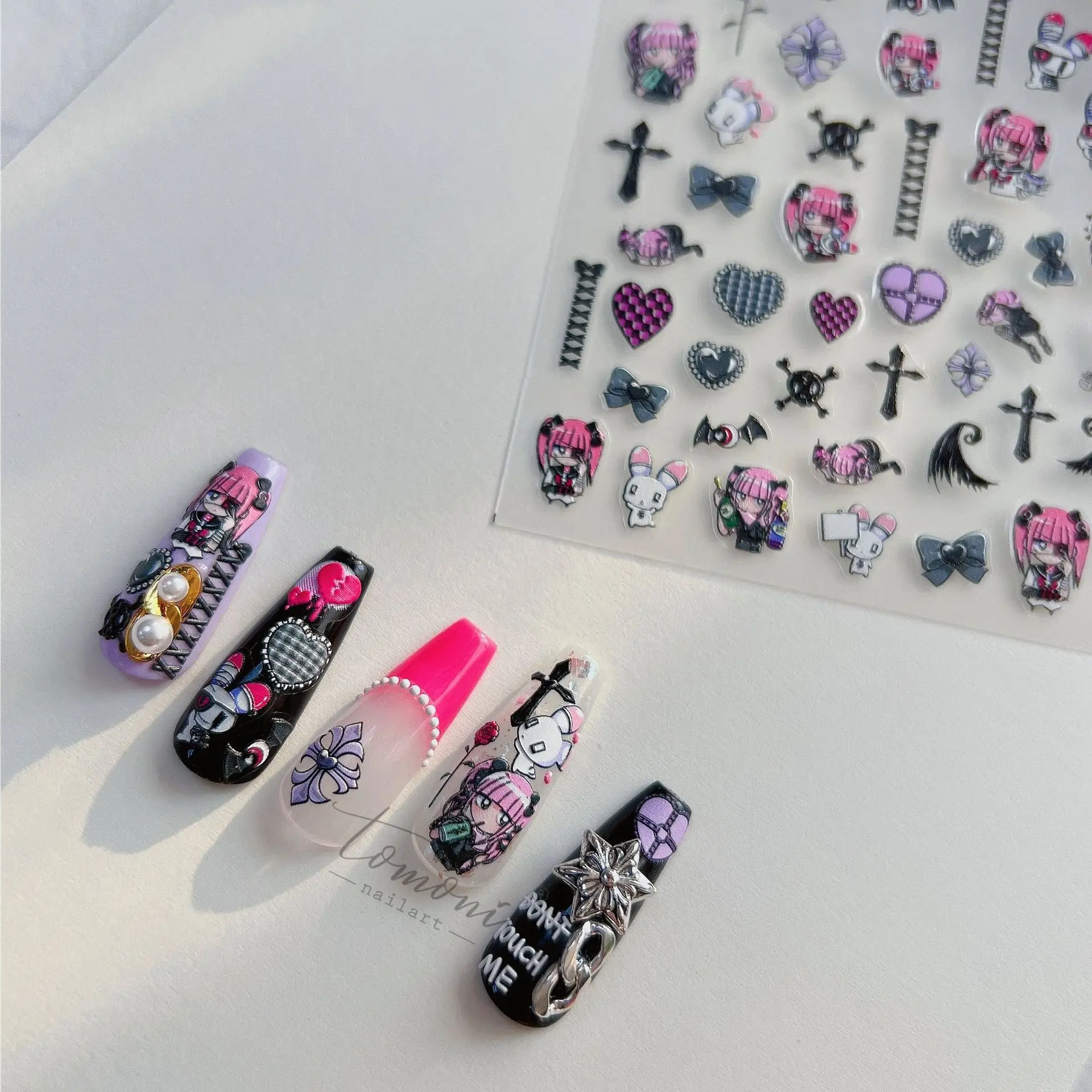 

Tomoni Cool Girl Villain Stickers Nails Punk Rock Love Cross Free Design Slider Manicure Doodle Painting Nail Art Decals