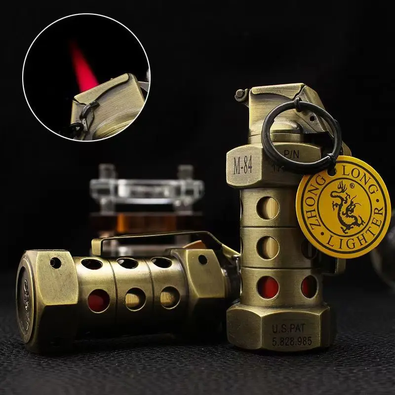 Фото Новинка 2025, взрывная граната, прямая трубчатая зажигалка, брелок, подвеска, надувная ветрозащитная зажигалка, дизайн военной гранаты №1