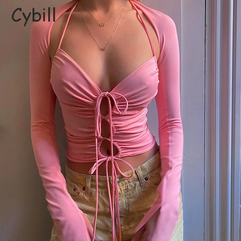

Cybill Pink Long Sleeve Crop Top Hollow Out Summer Y2K Women Outfits T-shirt Slim Yellow Tee Clothing 2022