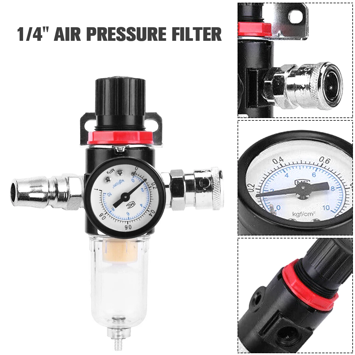 

Новинка 2022, воздушный фильтр 1/4 дюйма, воздушный фильтр, регулятор, компрессор, легкий профессиональный Прочный манометр 1/4 дюйма с
