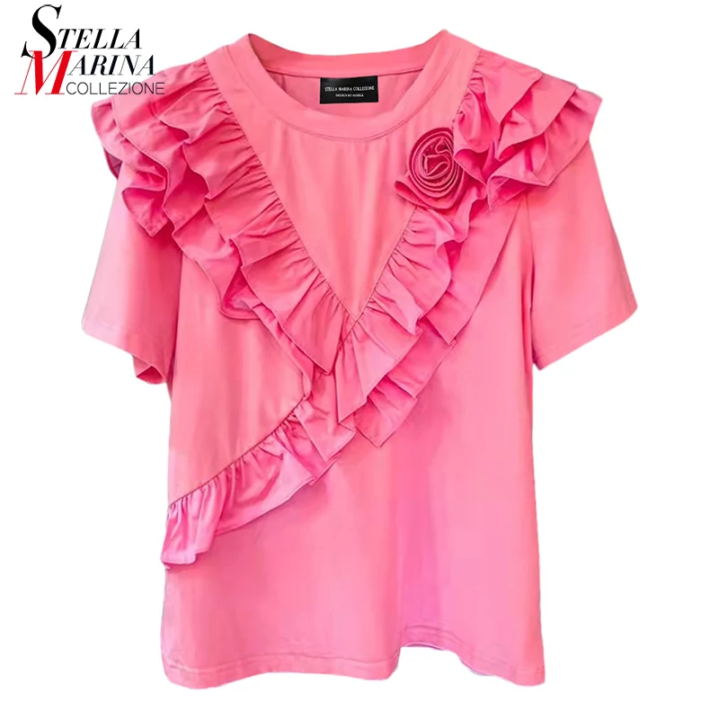 

Solid Pink Woman Summer Casual Wear Pullover Short-Sleeve Tee Top Ruffles Flower Applique Girls Cute Wear Sweet T-shirts RE001