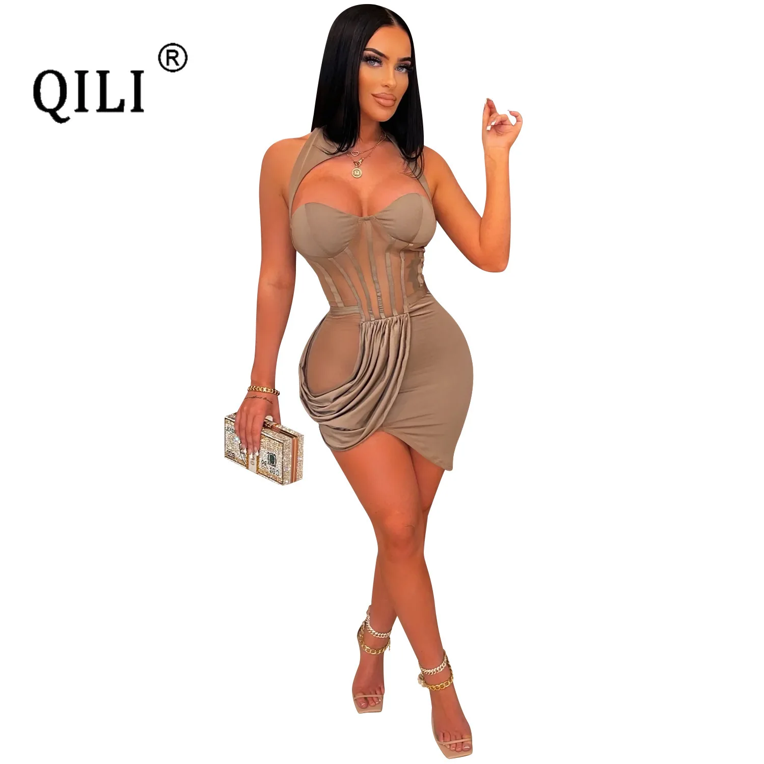 

QILI New Summer Sexy Party Dress Perspective Stitching Dress Backless Women's Irregular Dress Wrap Bust Ruched Dress