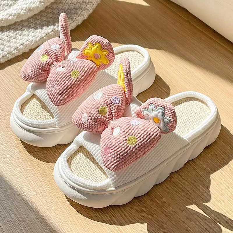 2022 New All Senson Bedroom Slippers for Women's Sweet Butterfly-Knot Cotton Linen House Slides Thick Sole Women Indoor Slippers