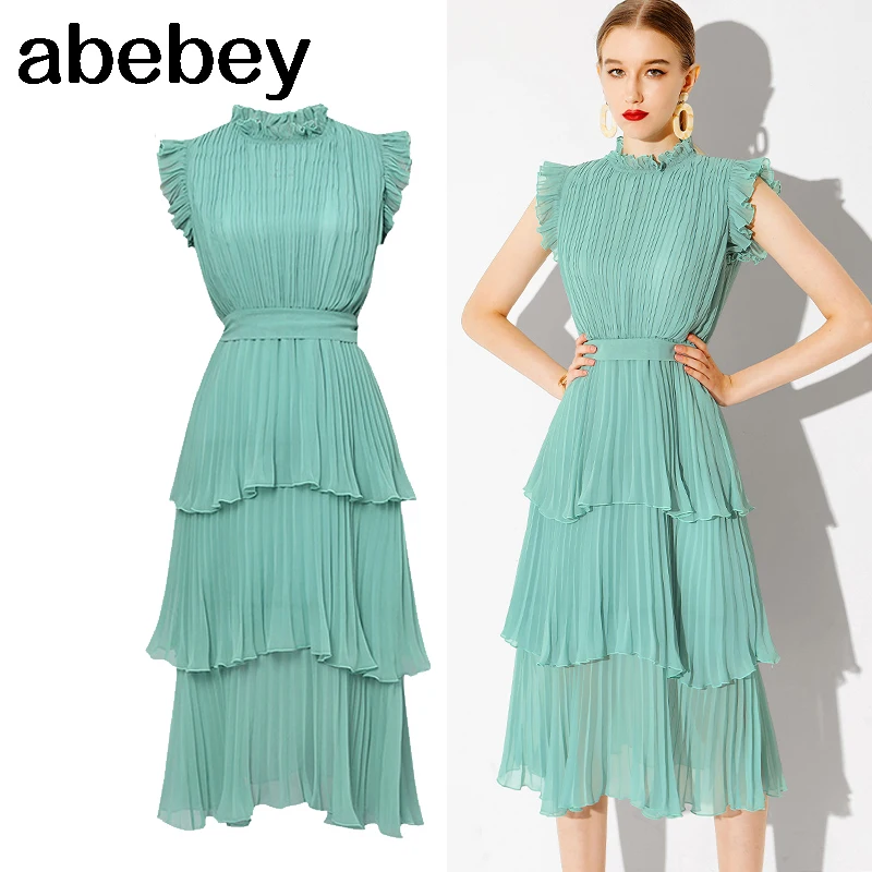 

Women Summer Fashion Ruched Stand Collar Pleated Layered Midi Long Party Dresses Lady Retro Casual Streewear Ruffles Za