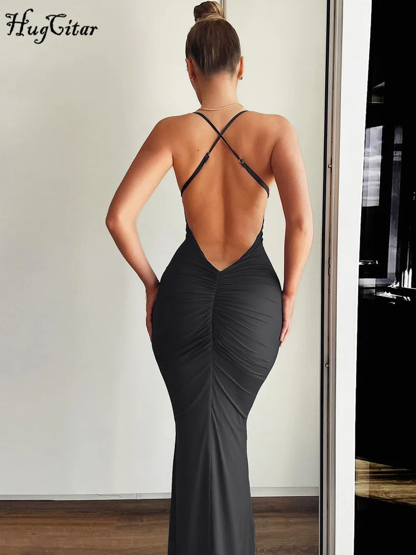 Однотонное летнее платье Hugcitar 2024 с открытой спиной облегающее повседневное