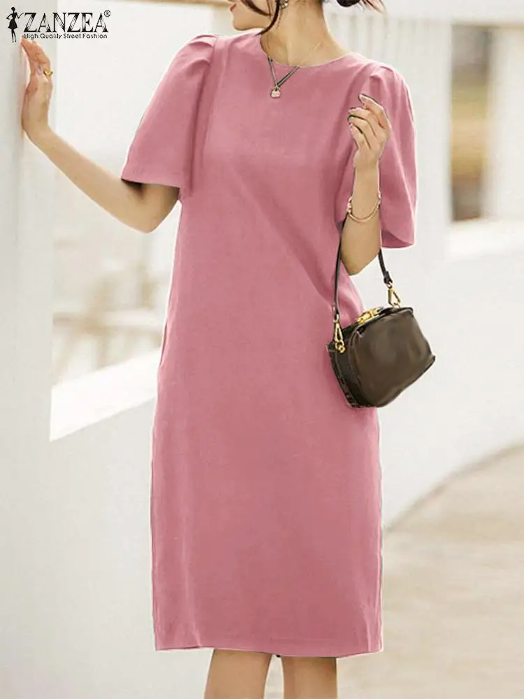 

Модное платье ZANZEA до колен с коротким рукавом, женское повседневное свободное платье, корейское однотонное платье с круглым вырезом, платья 2023, летние халаты с разрезом