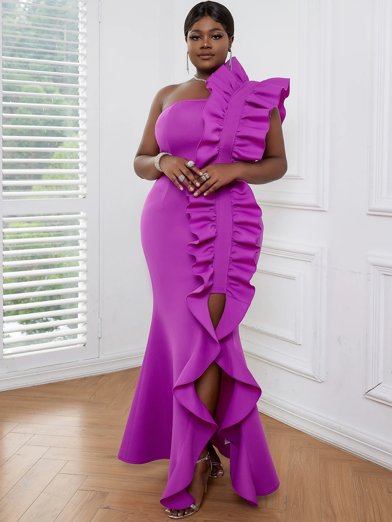 

Women Maxi Party Dress One Shoulder Backless Purple Long Ruffles Bodycon Fishtail Evening Event Birthday Gowns African Clubwear