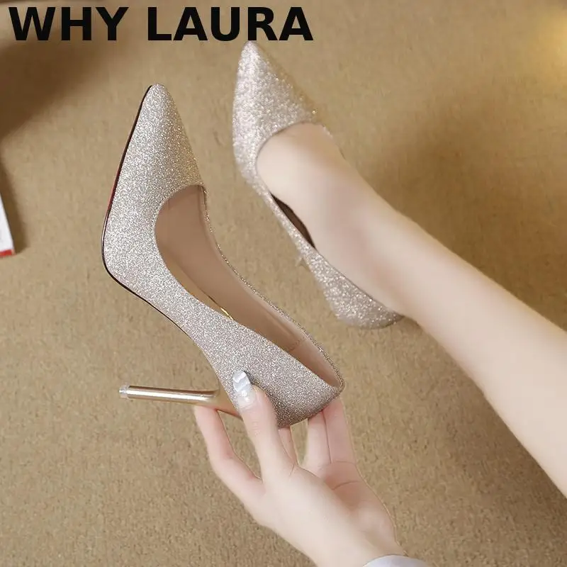 

Spring/Fall 2022 New tapered high heels in shiny color Slip-on For Women party shoes in gold. Silver. Black. Champagne. Shoe siz