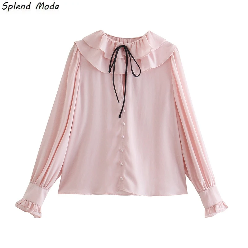 

Splend Moda Autumn New Fashion Vintage Elegant Casual Lace-Up Peter Pan Collar Folds Ruffle Solid Color Straight Blouse Women