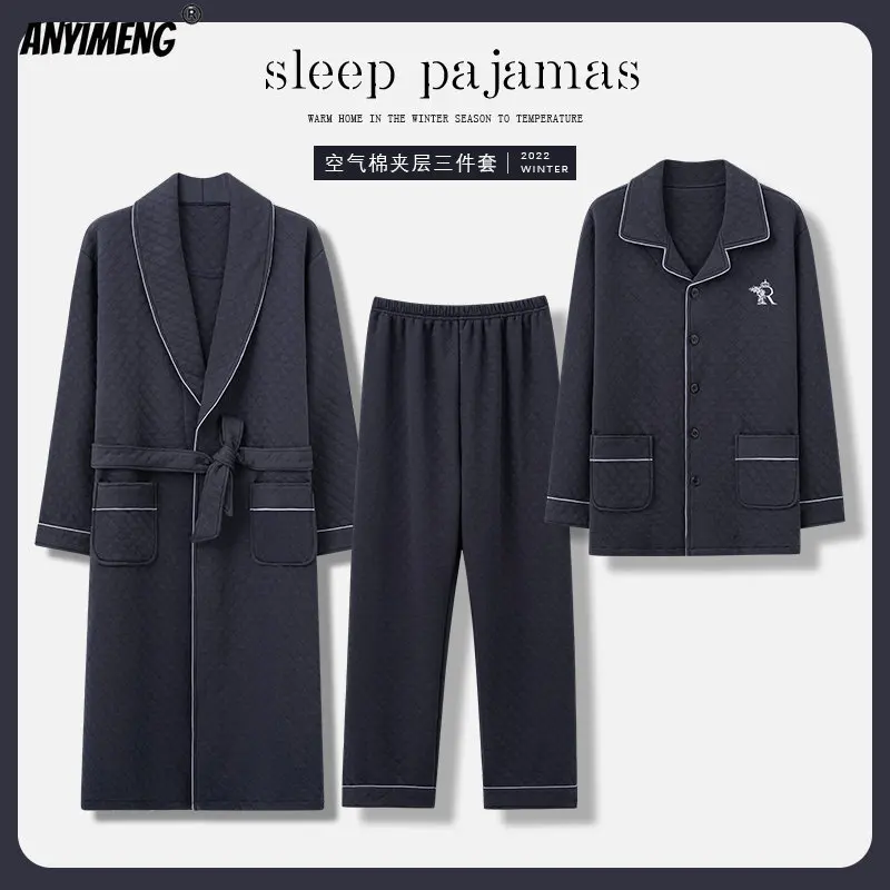 New Autumn Winter 3pcs Robe Gown Pajamas Plus Size 4XL Sleepwear Casual Pajamas+Robe Three Layer Cotton Black Nightwear for Men