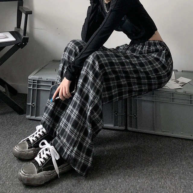 Kobiety wysokiej talii spodnie w kratę amerykański Retro dorywczo luźna szeroka spodnie nogi kobiet Harajuku Hip-Hop wszystkie mecze spodnie wiosna nowy 6
