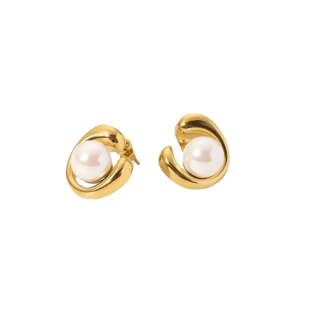 Stainless Steel PVD 18K Gold Plated Tarnish Waterproof Pearl Inlay Stud Earrings For Woman Jewelry Wholesale Trendy