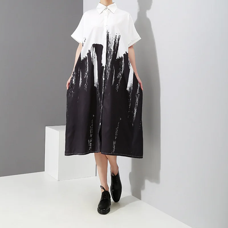 

Long Sleeve Loose Casual Single Breasted 2022 Autumn New Fashion Women Ink Print Shirt Skirt Dress Midi Robe Polo Collar Street