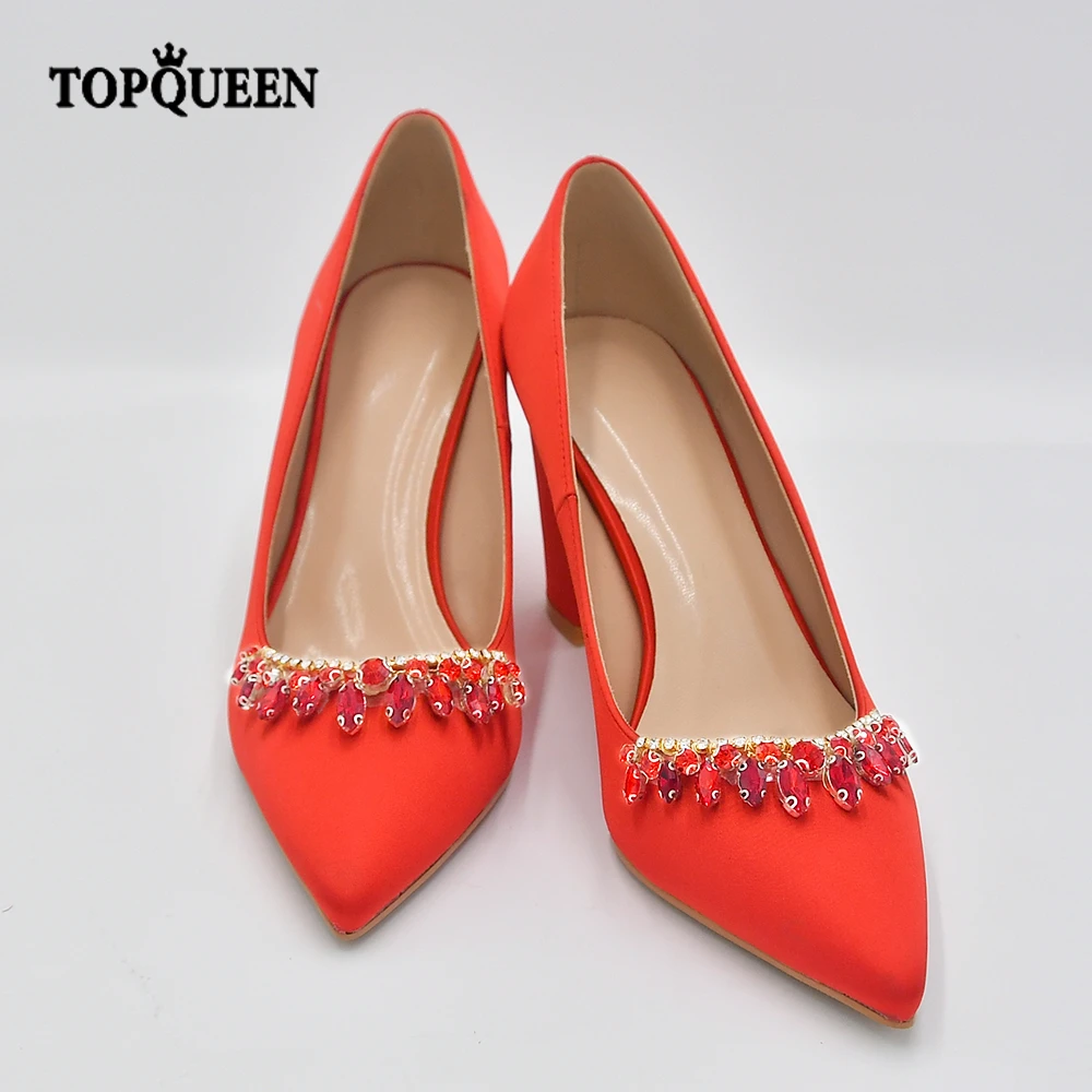 

TOPQUEEN Wedding Shoes Red High Heels Women Stripper Heels Spring New Pointed Toe Satin Thick Heels For Comfortable Bridal A62