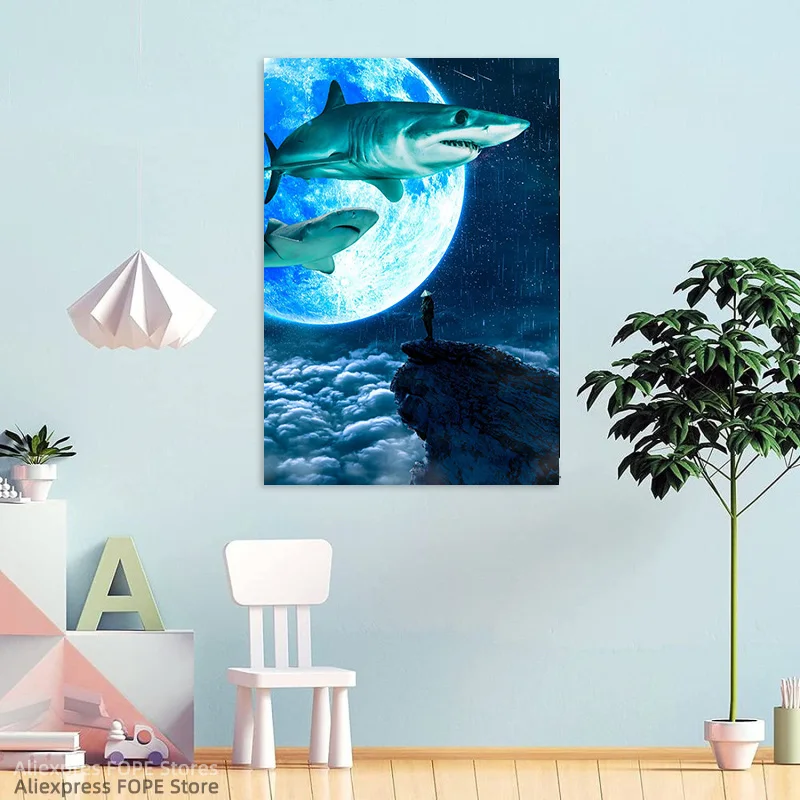 Акула плакат с Луной холст картина стены фотообои для украшения дома