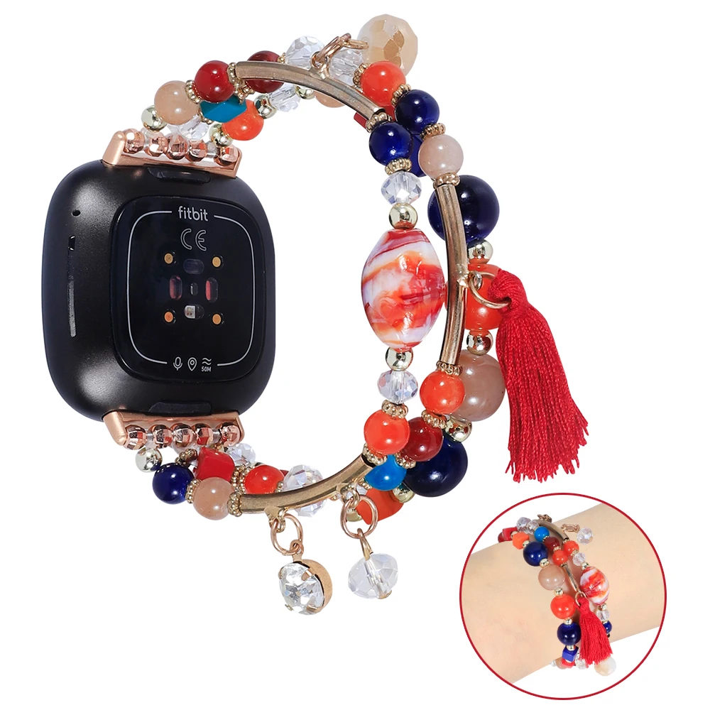 

Versa 3/ Sense Watch Band DIY Beaded Bracelet Adjustable Elastic Wristbands Replacement Strap for Fitbit Sense Versa3 Red Women
