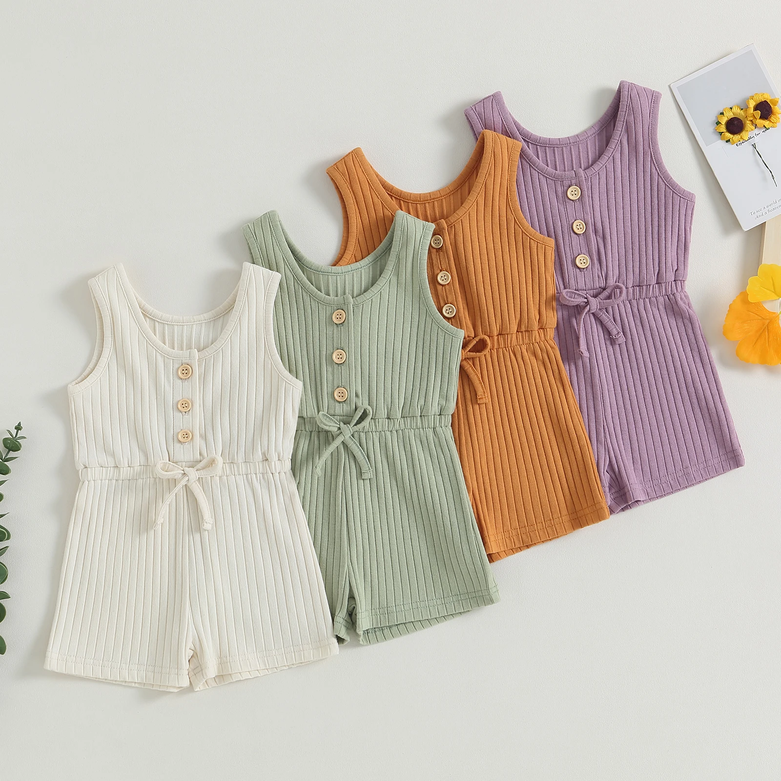 

Baby Girls Sleeveless Ribbed Romper Solid Color Summer Retractable Waist Belted Jumpsuit Overall Shorts Toddler Clothes Outfit