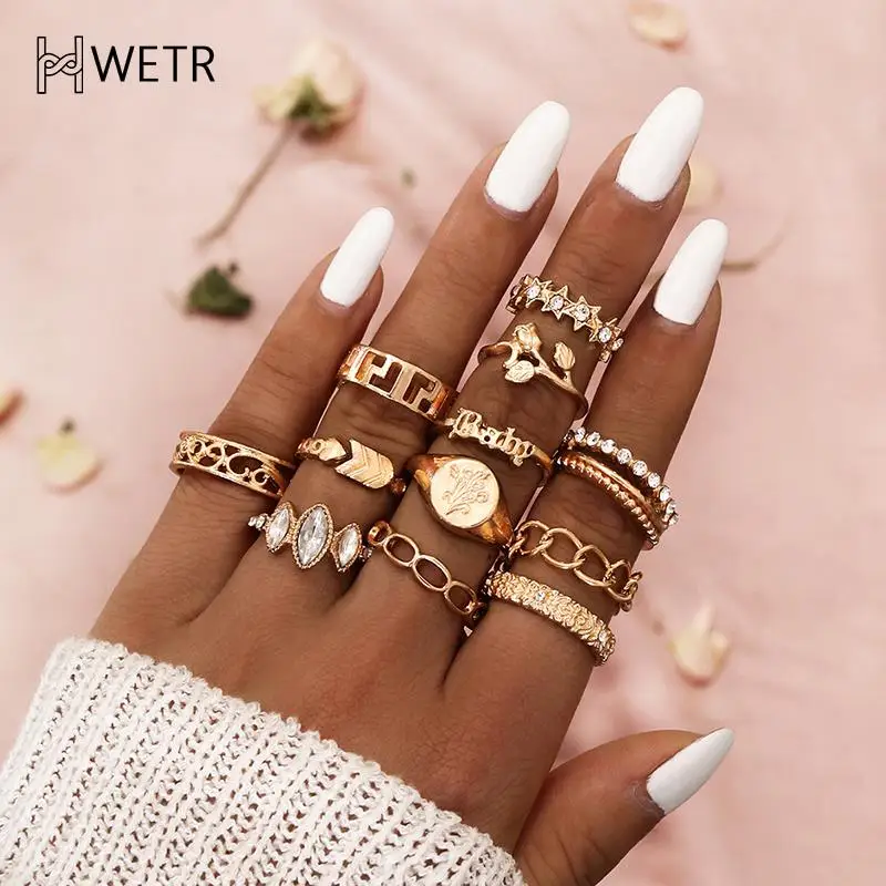 

12 шт./компл. богемный винтажный Набор геометрических колец в виде капель воды с кристаллами очаровательные ювелирные изделия