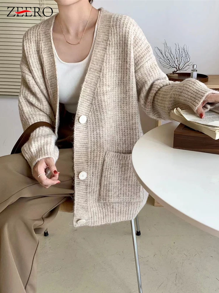 

Korean Fall Winter Women Vintage Oversized Knitted Cardigans Female Elegant Pockets V Neck Single-breasted Sweater Tops Coats