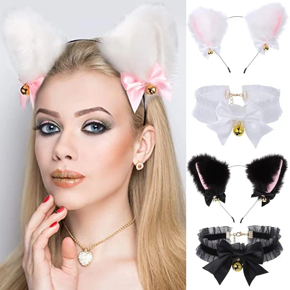 

2 Pcs Cat Ear Headband With Bells Necklace Cosplay Girl Plush Furry Cat Ears Headwear Fancy Dress Hairband For Costume Party