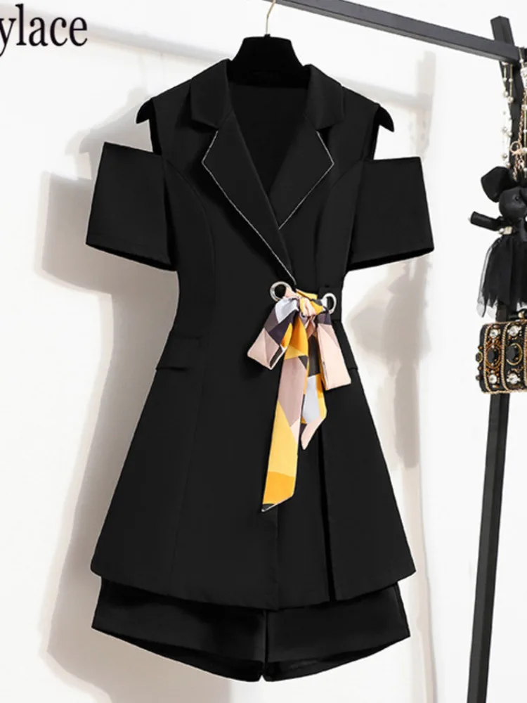 

Summer Fashion Two Pieces Sets Women Elegant Business Suit Office Ladies Notched V Neck Off The Shoulder Dress And Shorts Set