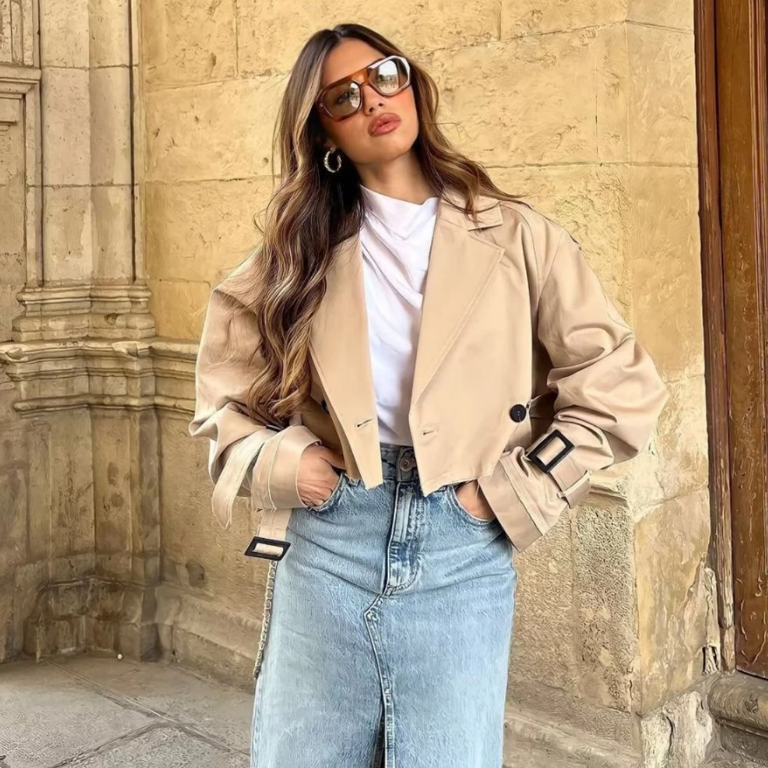 

Женский двубортный короткий Тренч с поясом, элегантный тренчкот с отложным воротником и длинным рукавом, уличная одежда Y2K, 2023