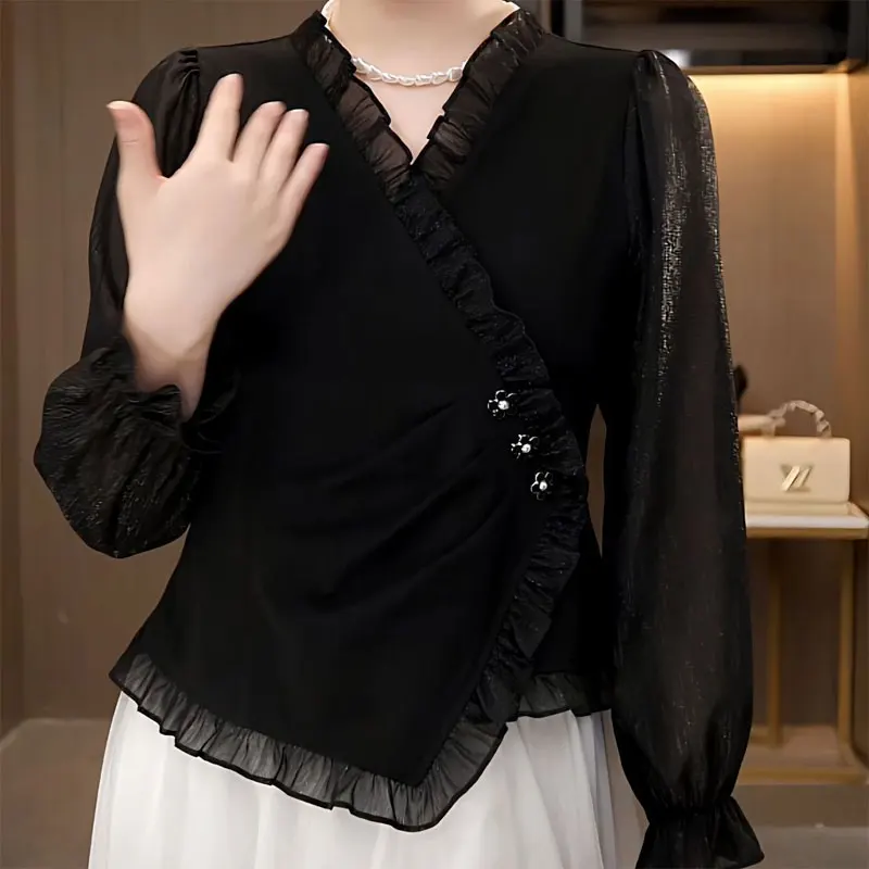 

Commute Elegant V-Neck Blouse Spring Autumn Casual Gauze Ruffles Spliced Women's Clothing Stylish Asymmetrical Slim Folds Shirt