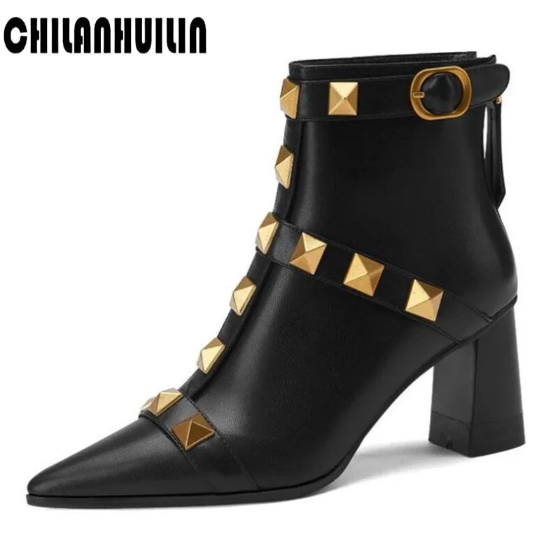 autumn winter fashion pointed toe women shoes punk soft leather thick high heel rivet short boots black brown white shoe boots