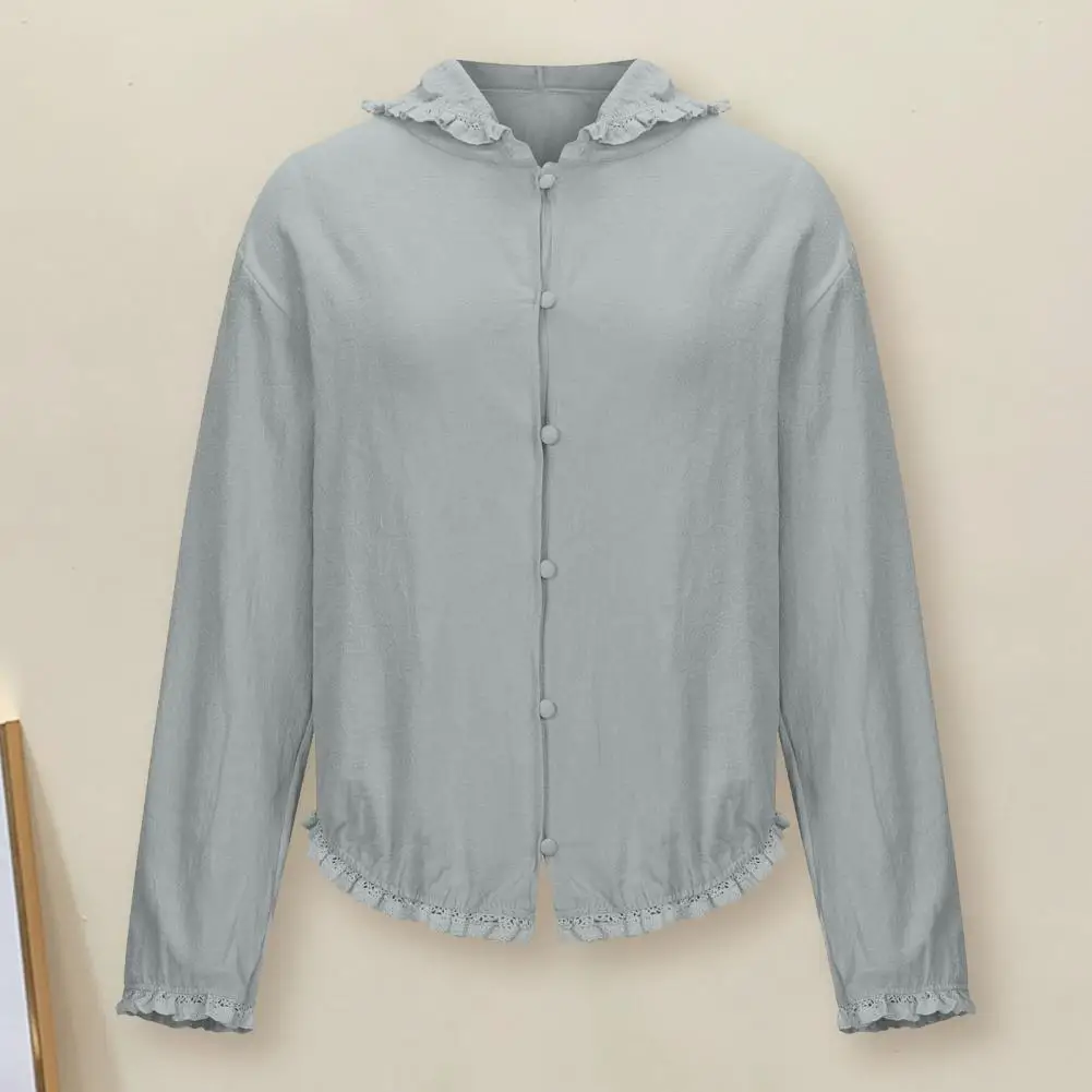 

Shirring Pretty Plus Size Buttons Vintage Autumn Blouse Loose Women Hoodie Hat for Shopping