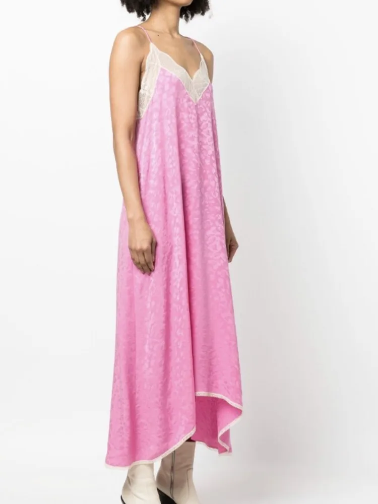 Women's Pink Leopard Jacquard 100% Silk Sling Dress Lace Stitching Sexy Sleeveless Lady Irregular Sweet Midi Sling Robe
