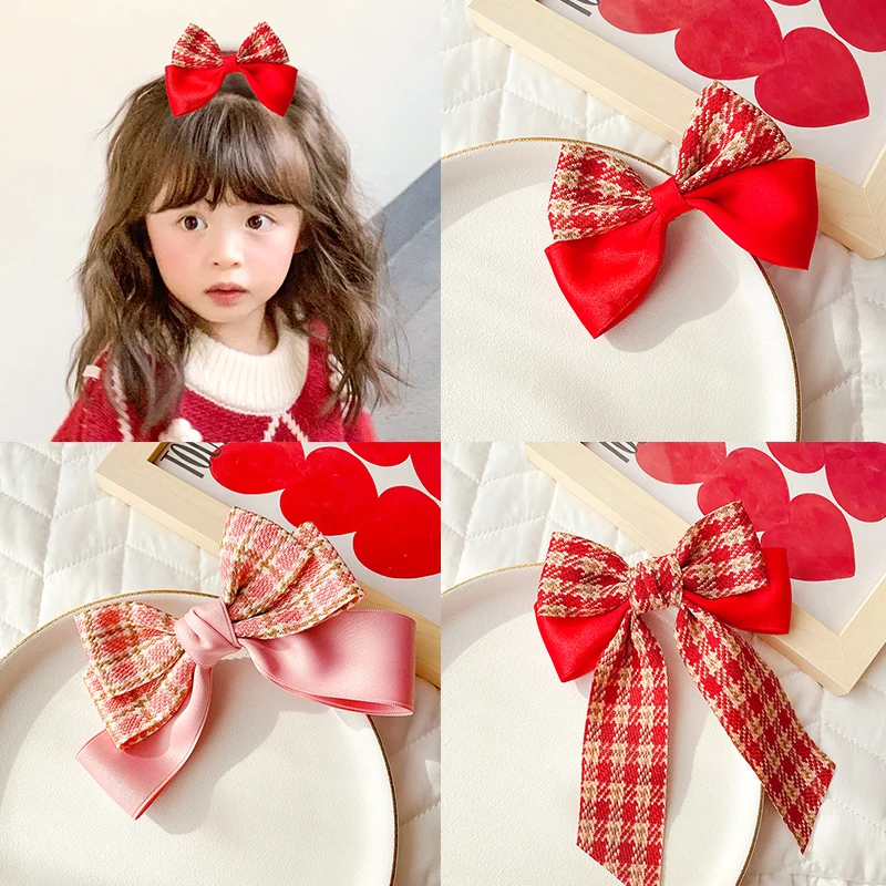 

2022 Children Cute Colors Sweet Check Embroidery Bow Ornament Hair Clips Girls Lovely Barrettes Hairpins Kids Hair Accessories