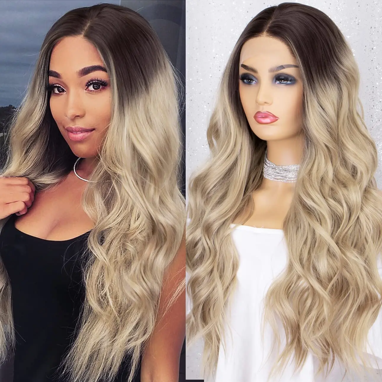 

Platinum Blonde Synthetic Lace Wig Long Wavy Fashion with Dark Roots Natural Looking Ombre Brown Wigs for White Women Daily Use