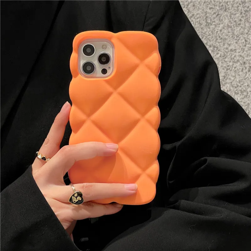 

Luxury Rhombic Grid orange Silicone Phone Case For iphone 14 13 12 11 Pro XS Max XR X 6S 6 7 8 Plus SE2 3D Shockproof Soft Shell