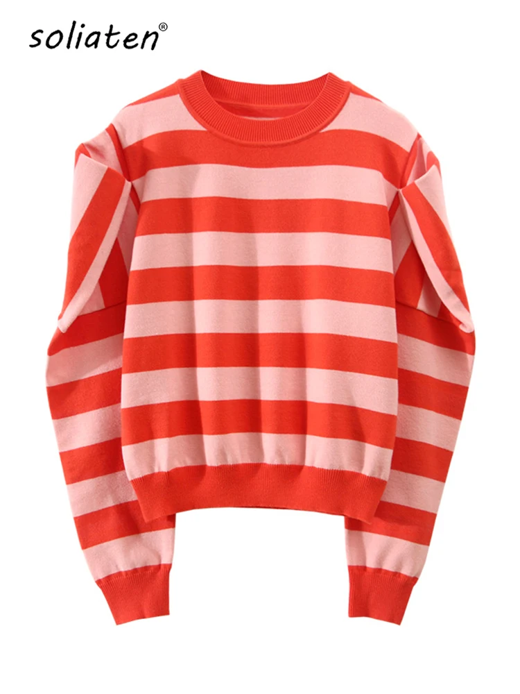 

Knit Pullover Striped Women Sweater Slim O-Neck Puff Long Sleeve Basic&Casual Female Warm Fall Winter Althleisure Fashion C-179