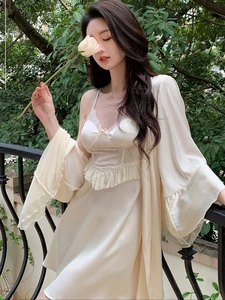 Женское французское кружевное сексуальное нижнее белье, одежда для сна принцессы, шелковые пижамные костюмы, халат с открытой спиной, ночная рубашка из двух предметов, домашняя одежда