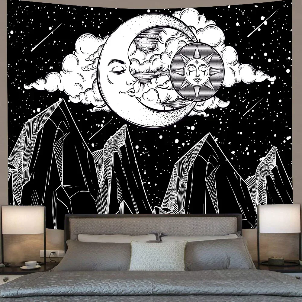 Simsant черно-белые горы гобелен луна звезды ночное небо художественный настенный