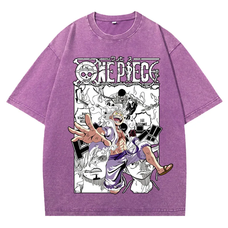 Фото Футболка унисекс 2026 One Piece Luffy Gear 5 с винтажным эффектом, принтом аниме и манги, оверсайз, с коротким рукавом, уличная повседневная одежда №5