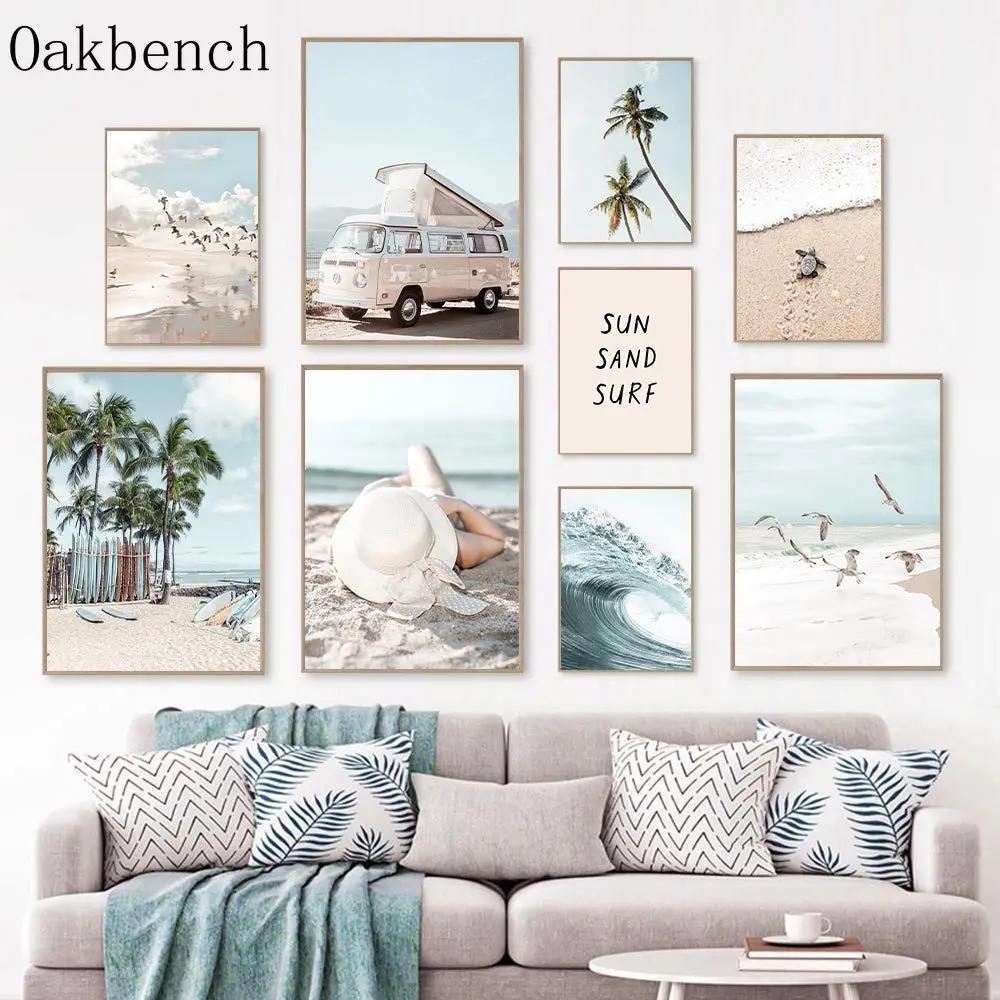 

Лето стена чайки плакаты бежевый автомобиль настенные картины морская черепаха холст живопись леди настенная печать скандинавский плакат ...