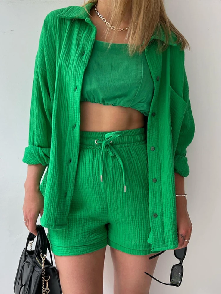 

Женский спортивный костюм, весенний комплект из двух предметов, женская одежда, зеленая рубашка с длинным рукавом и шорты на шнуровке, повседневный комплект оверсайз для женщин
