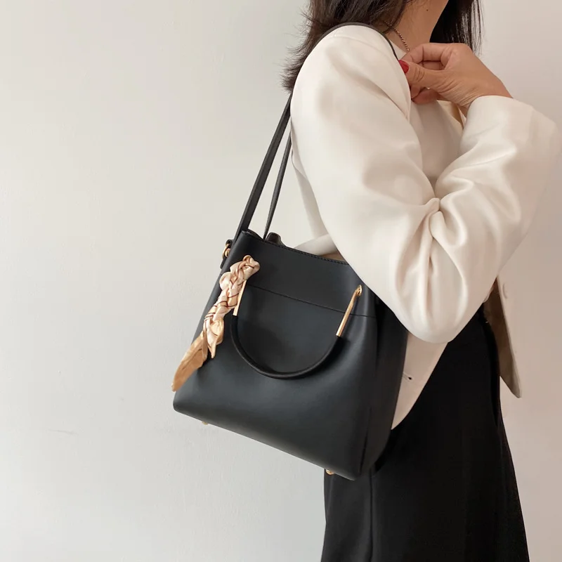 Women's PU Simple Large Capacity Wide Shoulder Bucket Bag Fashion Portable Solid Color Crossbody Silk Scarf Tote Bags for Women