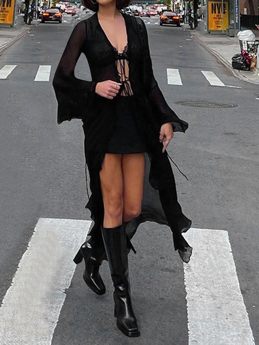 

Women Ruffle Tie Up Long Cardigans Black Mesh Sheer Cover-ups See-Through Flare Long Sleeve Ruffle Trim Bandage Robes
