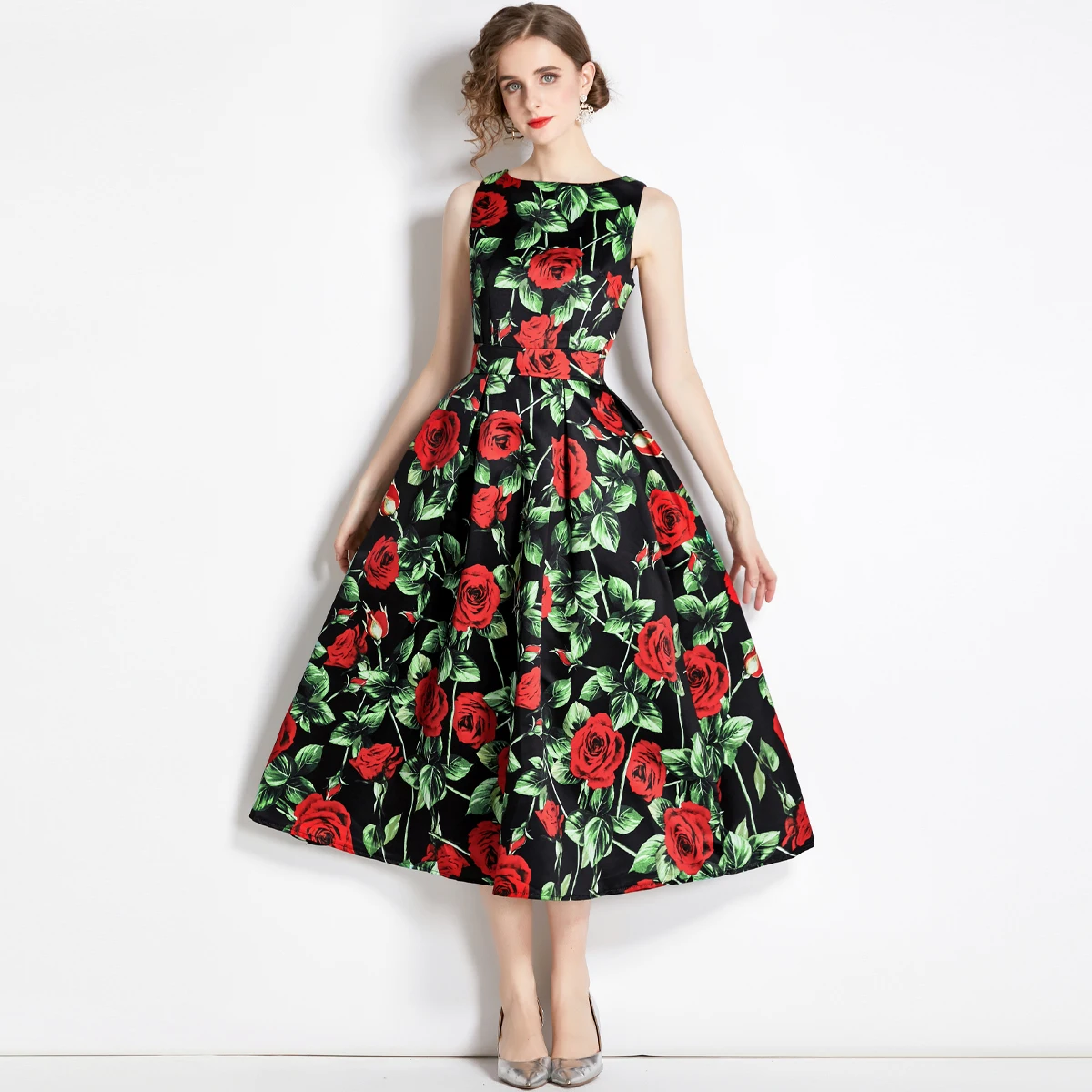 

Designer Fashion Women Summer Beach Dresses Autumn High Waist Sleeveless Floral Print Slim Ladies Midi Party Tank Dress