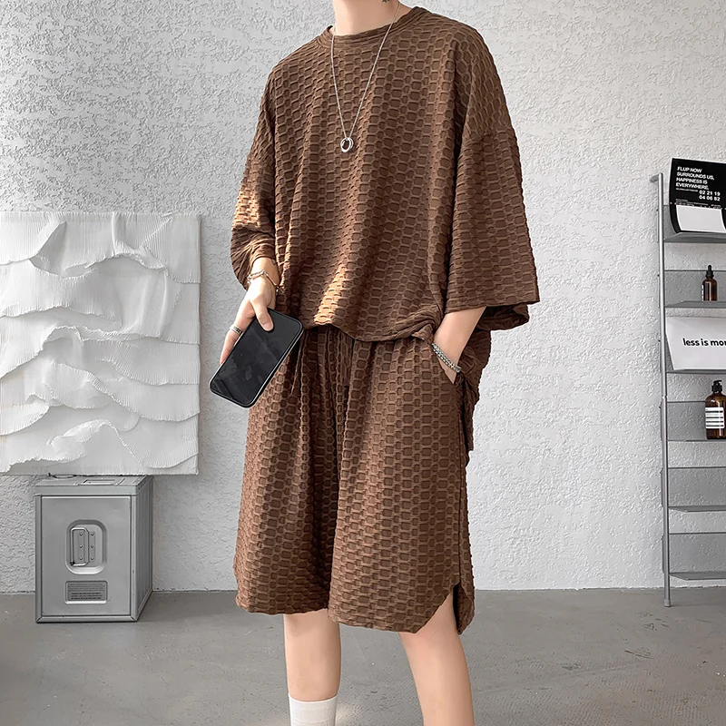 2023 New Summer 2pcs Men's Sets Short Set Clothing Loose Stretch Solid O-Neck T Shirts and Shorts Stylish Oversize Streetwear